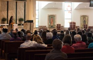 Helen Alvaré speaks to crowd June 1 inside St. Thomas More Church in Centennial.