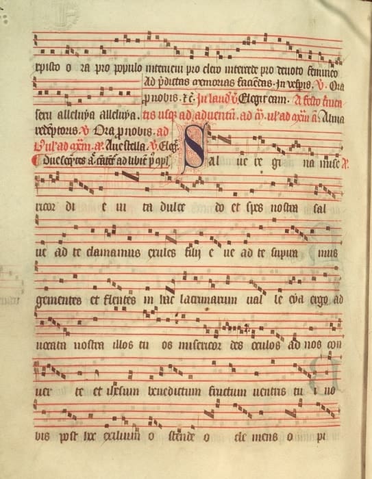 The notes from an ancient Salve Regina (Hail Holy Queen) used for Our Lady of Mount Carmel's feast day Mass July 16.