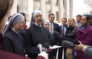 Sister Loraine Marie Maguire, Mother Provincial of the Little Sisters of the Poor, talks to media after the nuns’ attorneys presented oral arguments in a case seeking exemption from a mandate to provide contraceptives, abortion-inducing drugs and sterilizations to employees.