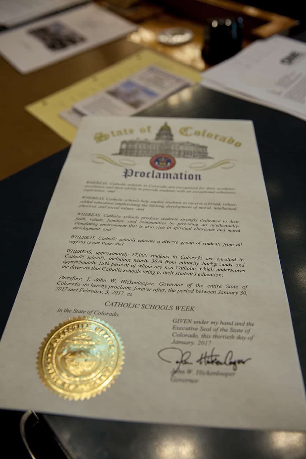 Denver, Colorado January 31, 2017: Senate Catholic Schools proclamation - Machebeuf High School Photo by Andrew Wright/Denver Catholic
