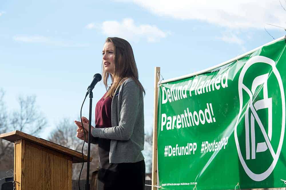 DENVER, CO - FEBRUARY 11: Bethany Janzen, the Rocky Mountain Regional Coordinator for Students for Life, speaks during a rally to defund Planned Parenthood across the street from Planned Parenthood of the Rocky Mountains on February 11, 2017, in Denver, Colorado. (Photo by Anya Semenoff/Denver Catholic)