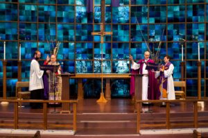 CHERRY HILLS VILLAGE, CO - MARCH 19: Denver Archbishop Samuel J. Aquila (CL) and Bishop James Gonia (CR) bless the congregation while attended by Fr. Scott Bailey (L) and Reverend Brigette Weier (R) during the Lutheran Catholic Common Commemoration of the Reformation at Bethany Lutheran Church on March 19, 2017, in Cherry Hills Village, Colorado. (Photo by Daniel Petty/for Denver Catholic)