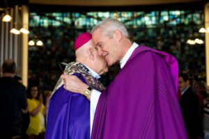 CHERRY HILLS VILLAGE, CO - MARCH 19: Denver Archbishop Samuel J. Aquila (L) and Bishop James Gonia (R) embrace following the Lutheran Catholic Common Commemoration of the Reformation at Bethany Lutheran Church on March 19, 2017, in Cherry Hills Village, Colorado. (Photo by Daniel Petty/for Denver Catholic)