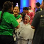 DENVER, CO – JUNE 20, 2015: Annual Steubenville of the Rockies youth hold Pope Francis cardboard cutout during special performance by Ben Walther Music. Photo by Bernard Grant/Denver Catholic